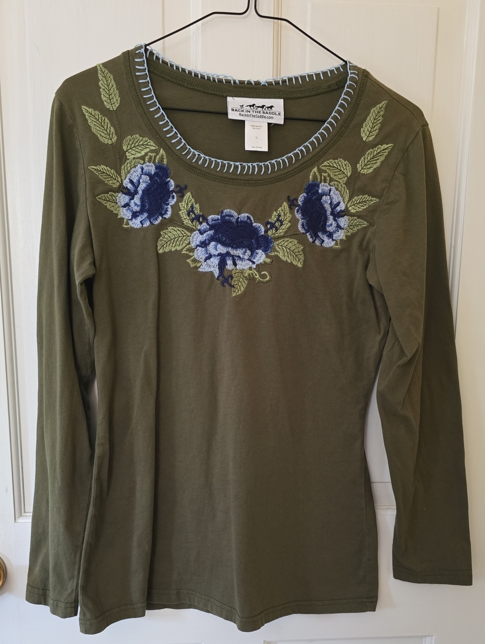 Embroidered Olive Green Long-Sleeve Top Size S